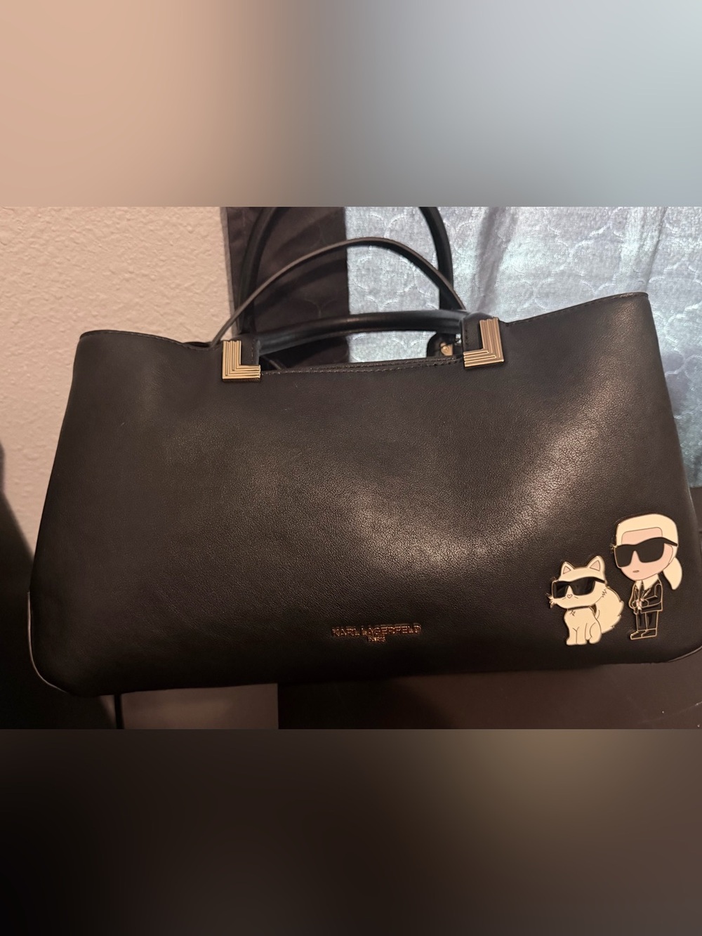 Karl Lagerfeld Black Leather Briefcase with Gold Hardware